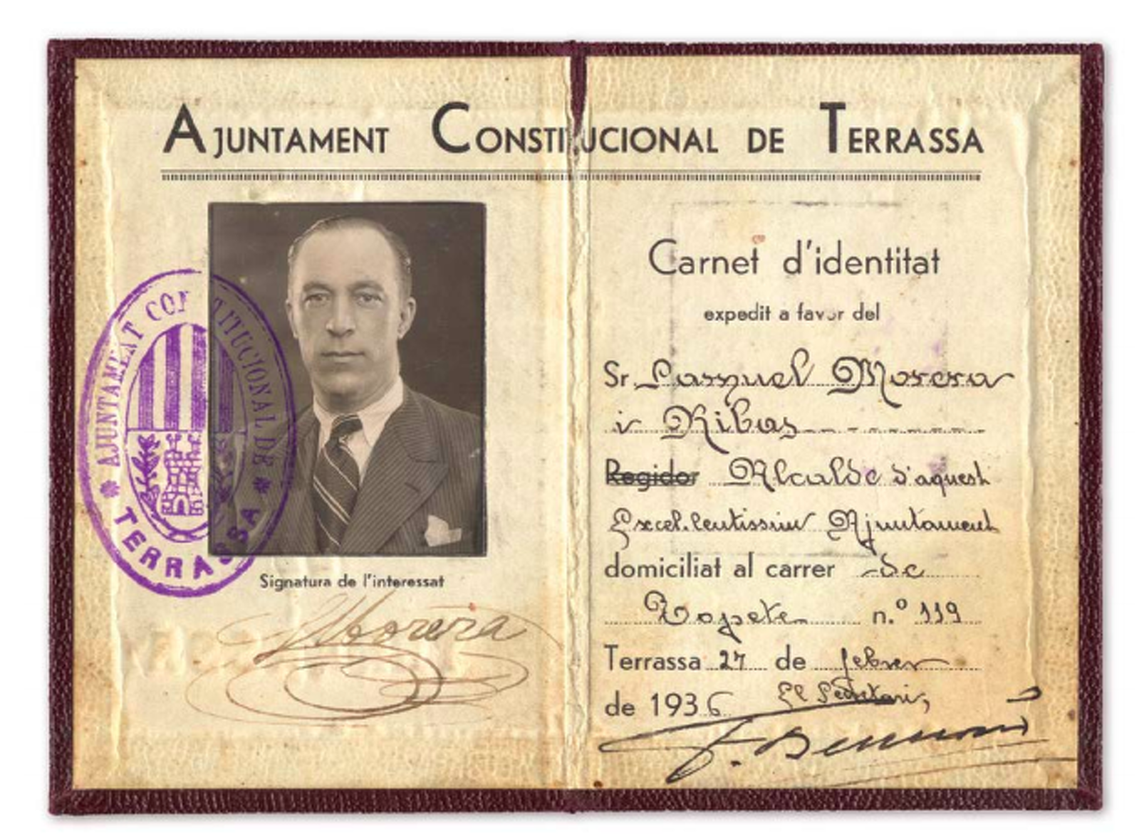 27 de febrer de 1936, Carnet d’alcalde de Terrassa de Samuel Morera