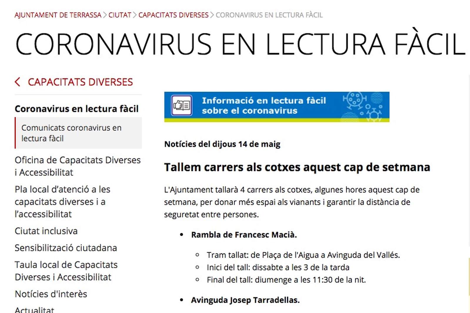 Web coronavirus amb lectura fàcil