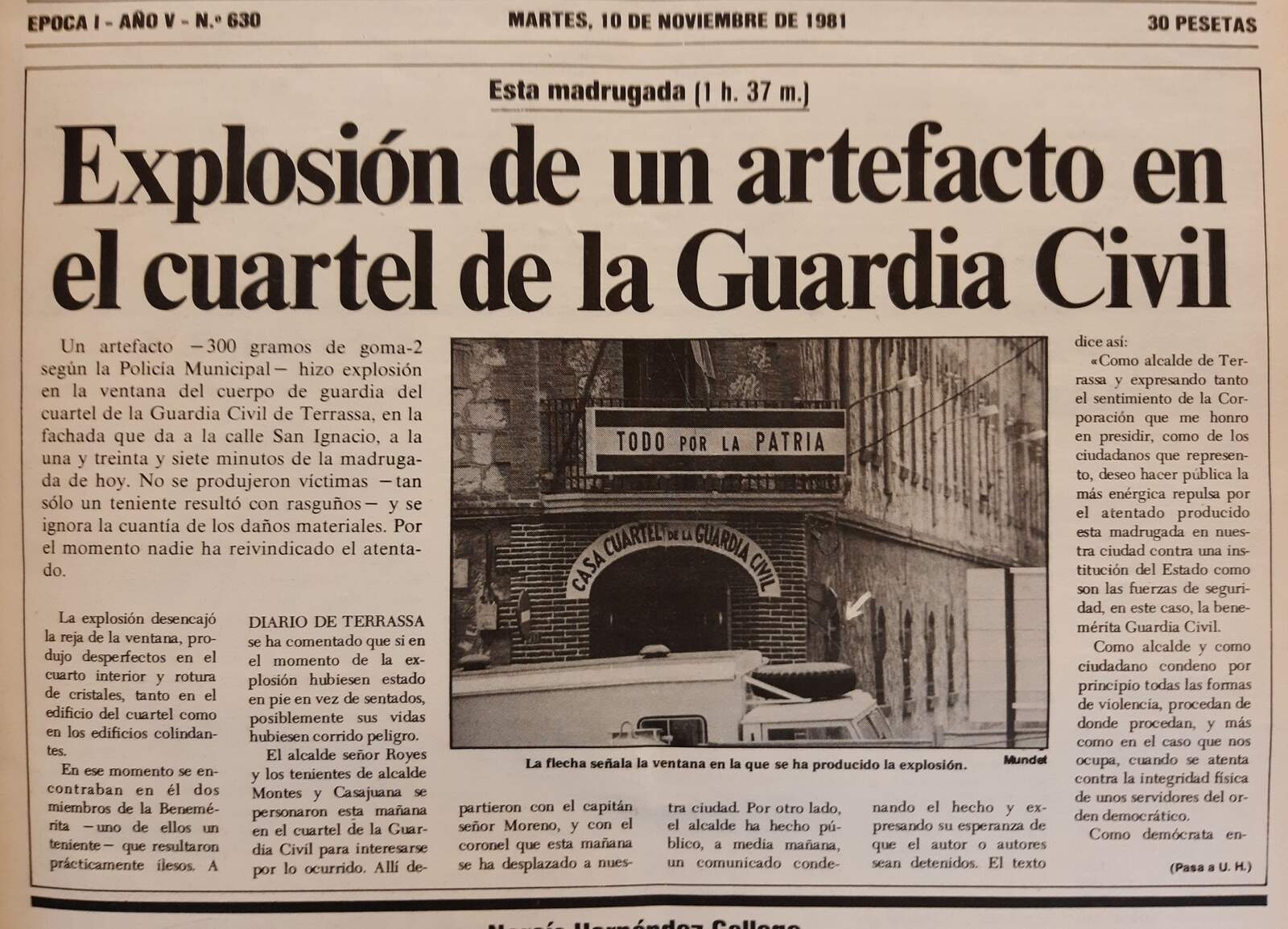 Retall de diari amb la notícia sobre l'explosió