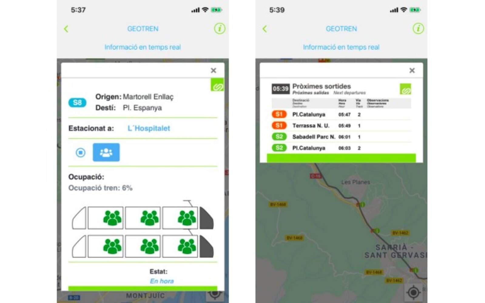 Pantalla de l'aplicació Geotren