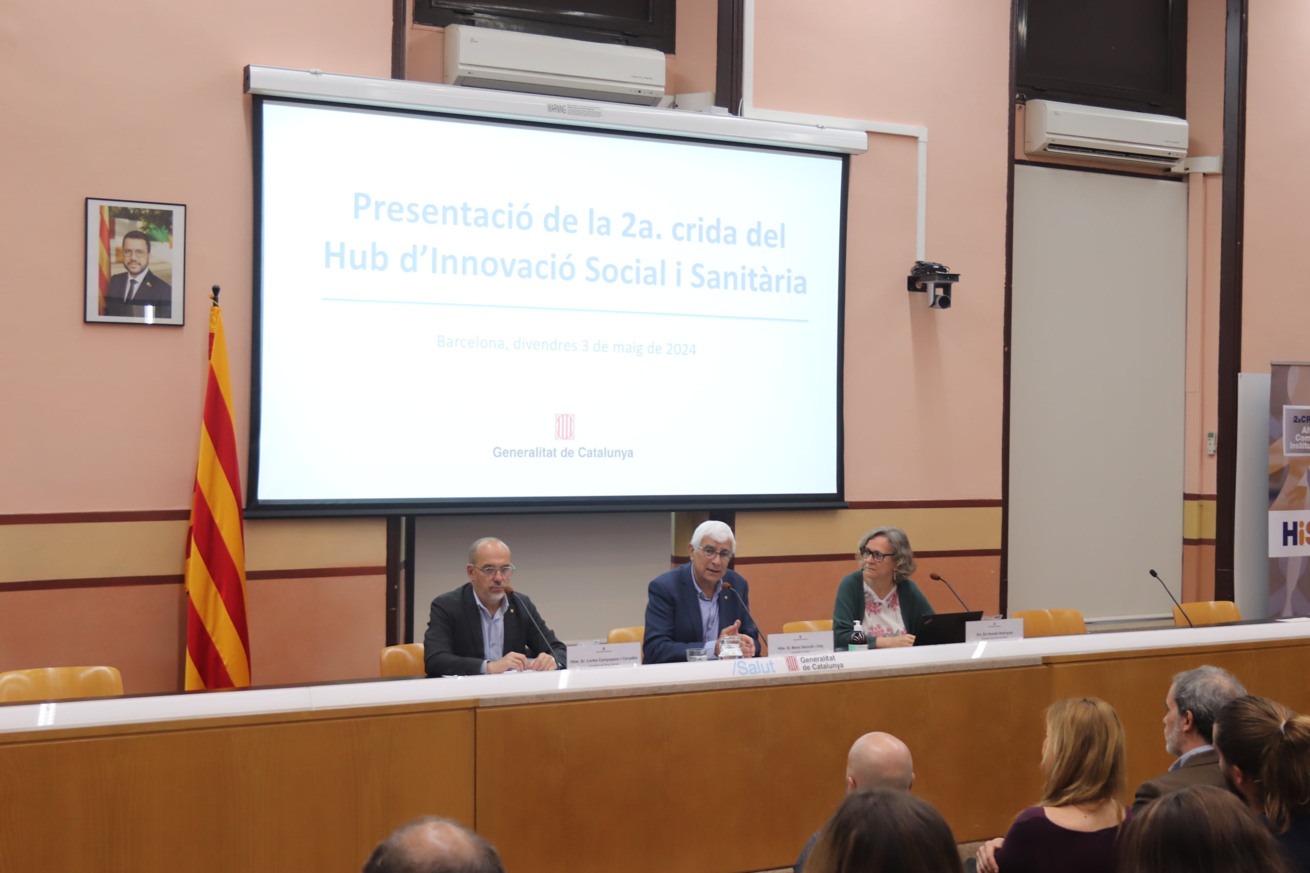 El conseller de Salut, Manel Balcells i Díaz, i el conseller de Drets Socials, Carles Campuzano i Canadés, han presentat aquest matí la segona crida del Hub d’Innovació Social i Sanitària (HiSS) / Generalitat de Catalunya