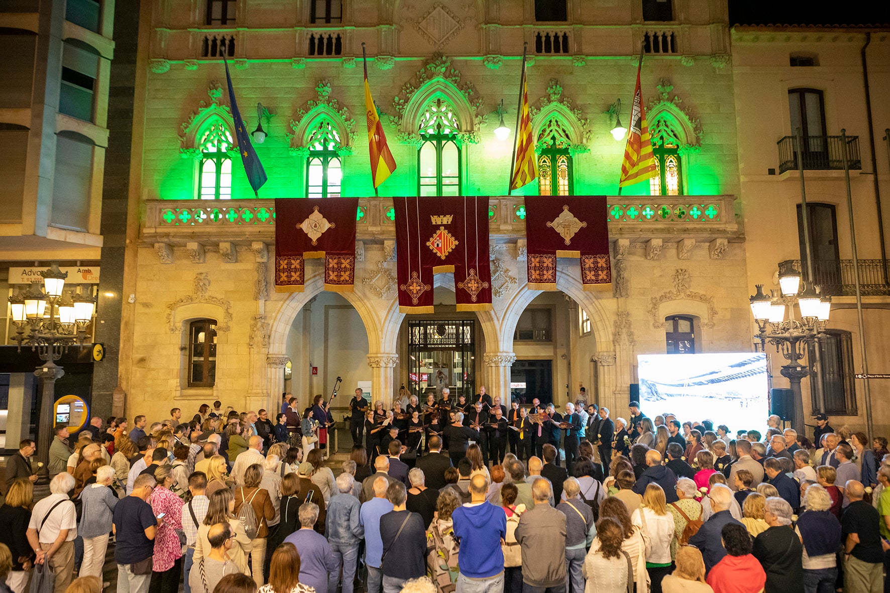 La façana de l'Ajuntament s'ha il·luminat de verd/Rafel Casanova (BCF)