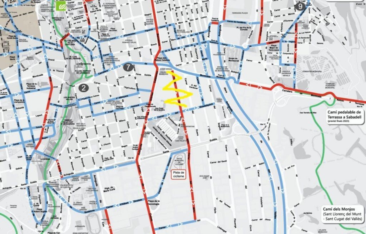 Mapa amb els carrils ciclables de Terrassa. En groc, el tram que ha desaparegut 