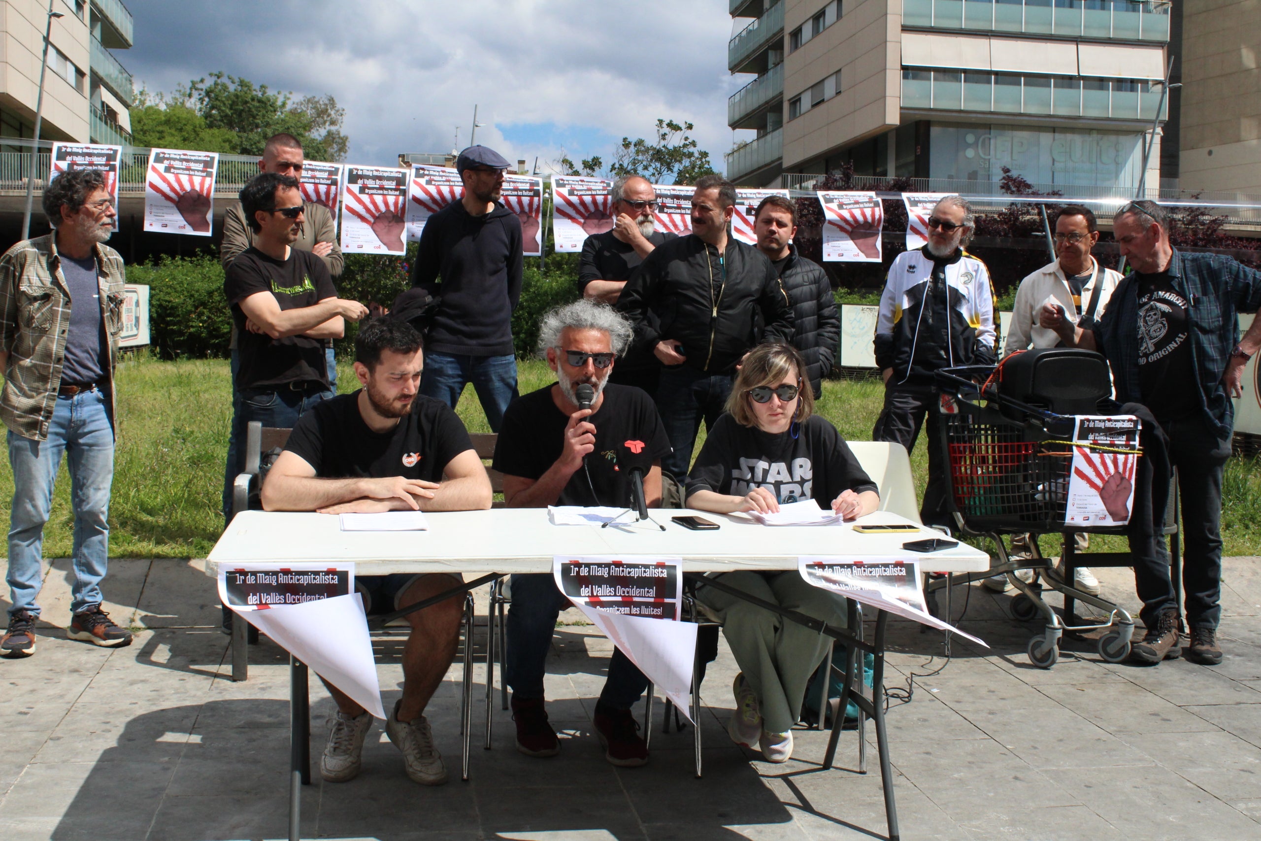 Roda de premsa de la convocatòria de manifestació anticapitalista a Terrassa pel Primer de Maig | Lucía Rivera