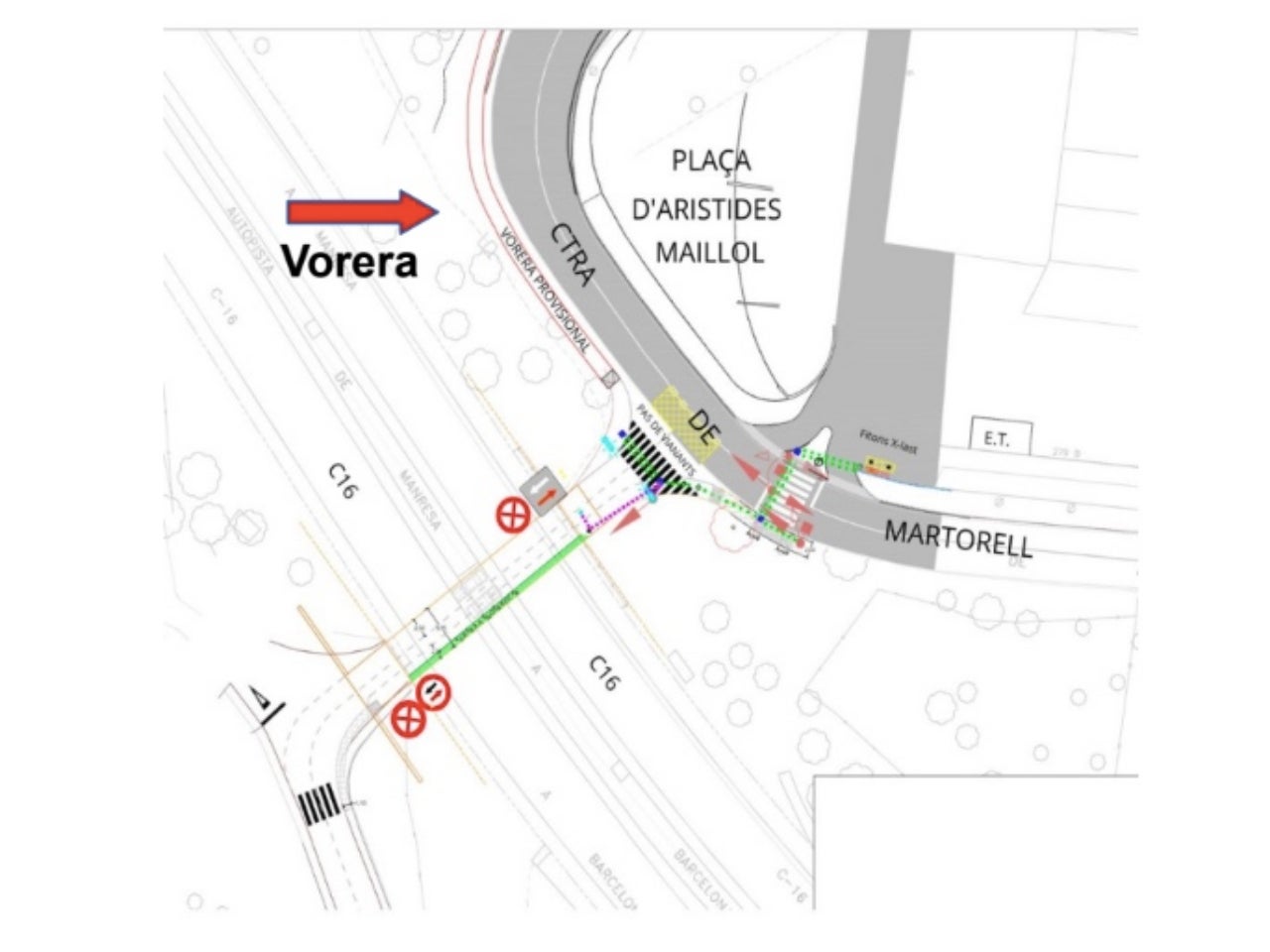 Mapa con el proyecto de actuación de la nueva acera y el futuro paso semaforizado | Ayto. Terrassa