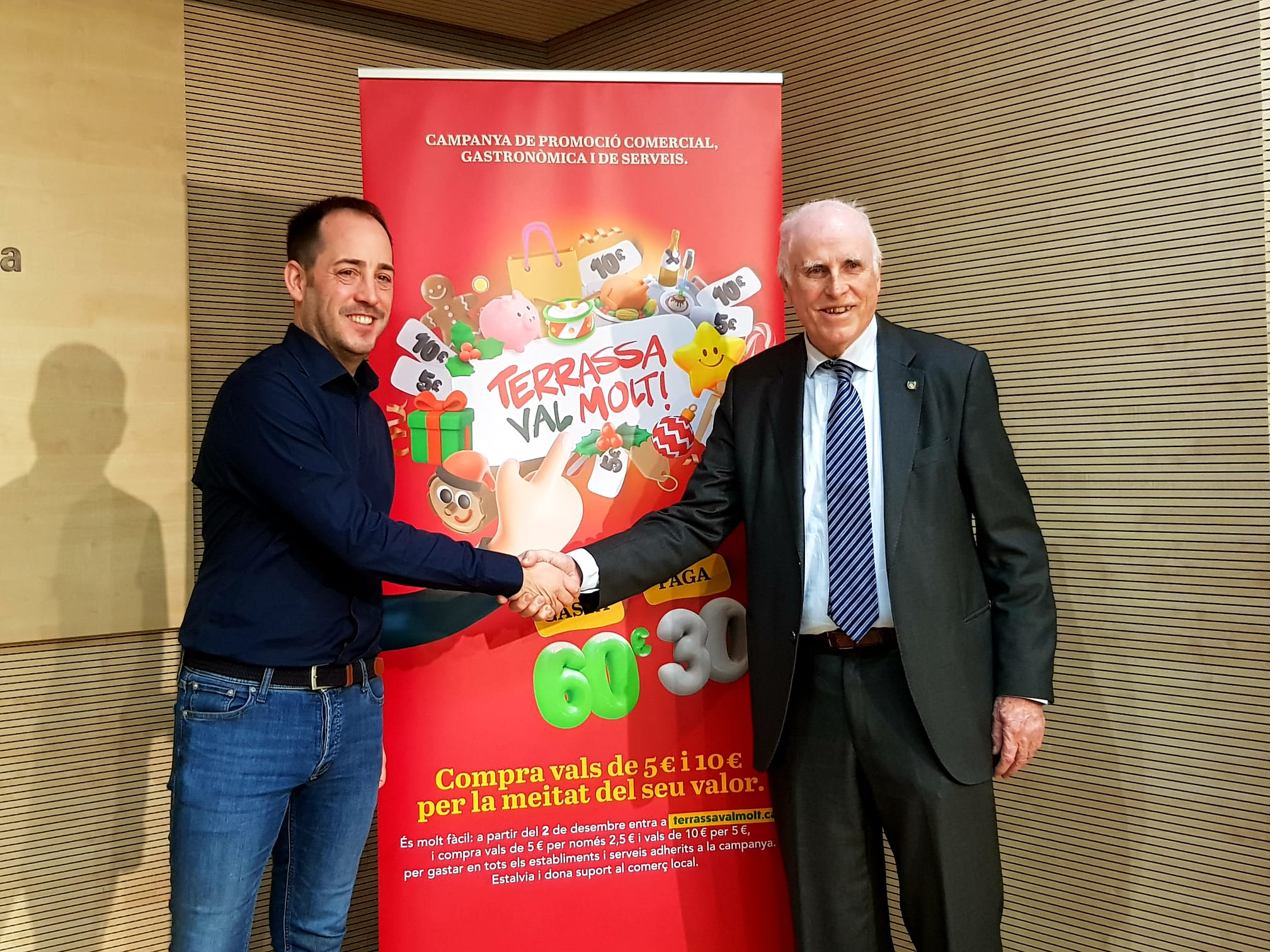 El tinent d'alcalde Xavier Cardona i el president de la Cambra de Comerç, Ramon Talamàs, en l'acte de presentació del Terrassa Val Molt! | Lluïsa Tarrida