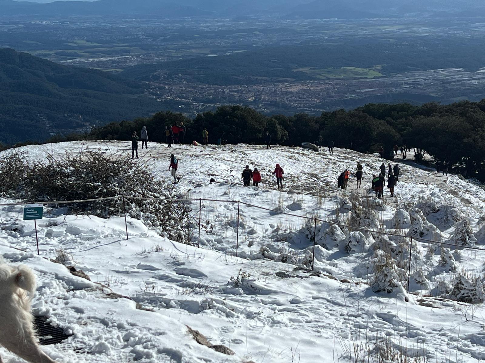 Els excursionistes no s'han volgut perdre l'experiència de pujar al cim de La Mola del Parc Natural de Sant Llorenç del Munt l'endemà d'una gran nevada, la segona d'aquest gener del 2026, aprofitant que el dia és fred però ben assolellat. Ben equipats, a causa precisament de la neu, en els últims trams de l'arribada al monestir s'havia de vigilar de no ensopegar. Però una vegada a dalt, les vistes també nevades de tot l'entorn pagaven la pena | Jordi Roset/Salvador Cot