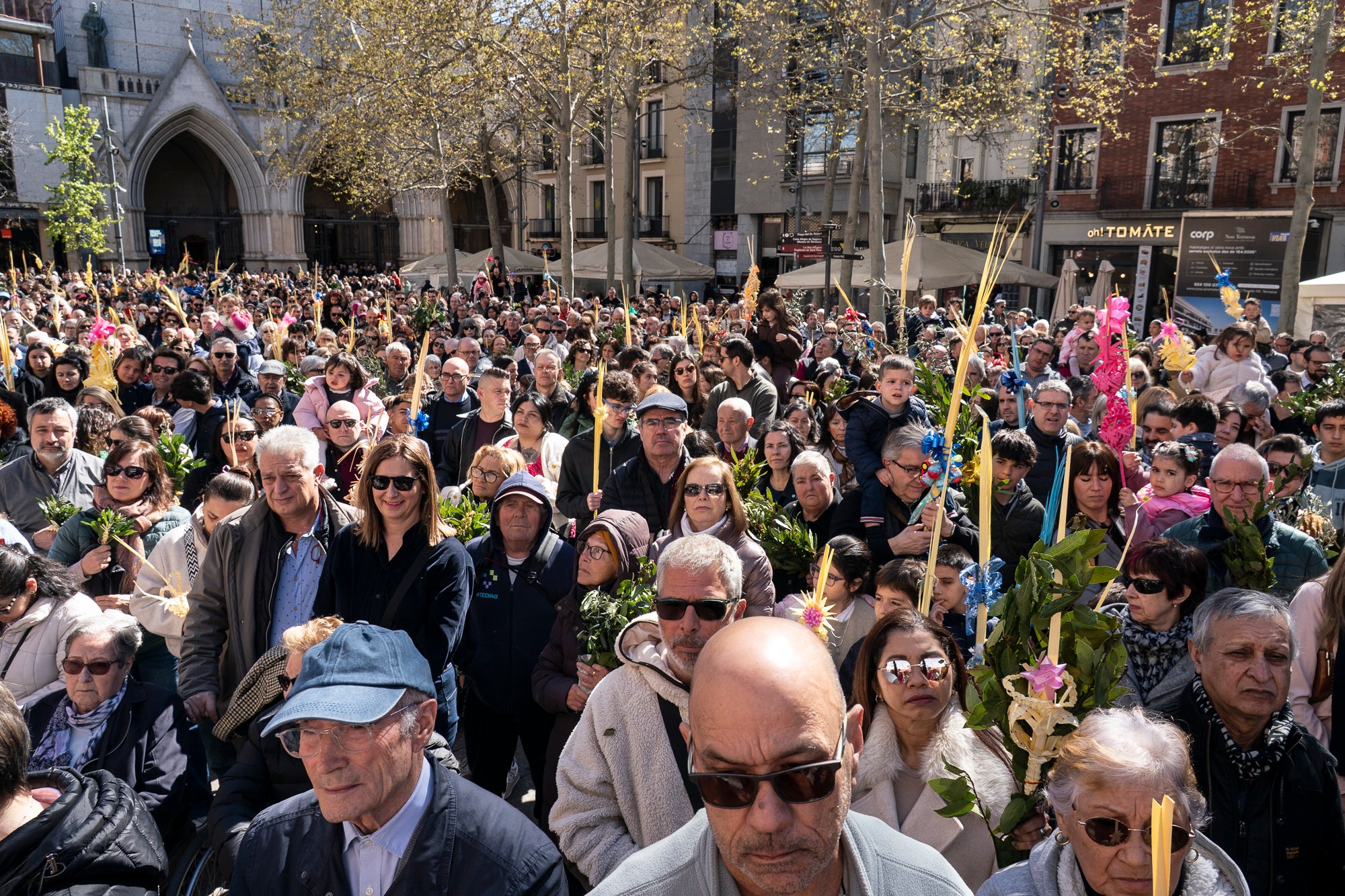 Un any més, el Diumenge de Rams ha estat el moment de la benedicció de les palmes aquest migdia per part del bisbe de Terrassa, Salvador Cristau, que ha pronunciat unes paraules acompanyat del seu seguici en una plaça Vella ben plena en un dia assolellat. Després, s'ha dirigit a la catedral del Sant Esperit on s'ha celebrat la missa que dona pas a la resta de la Setmana Santa | Mireia Comas