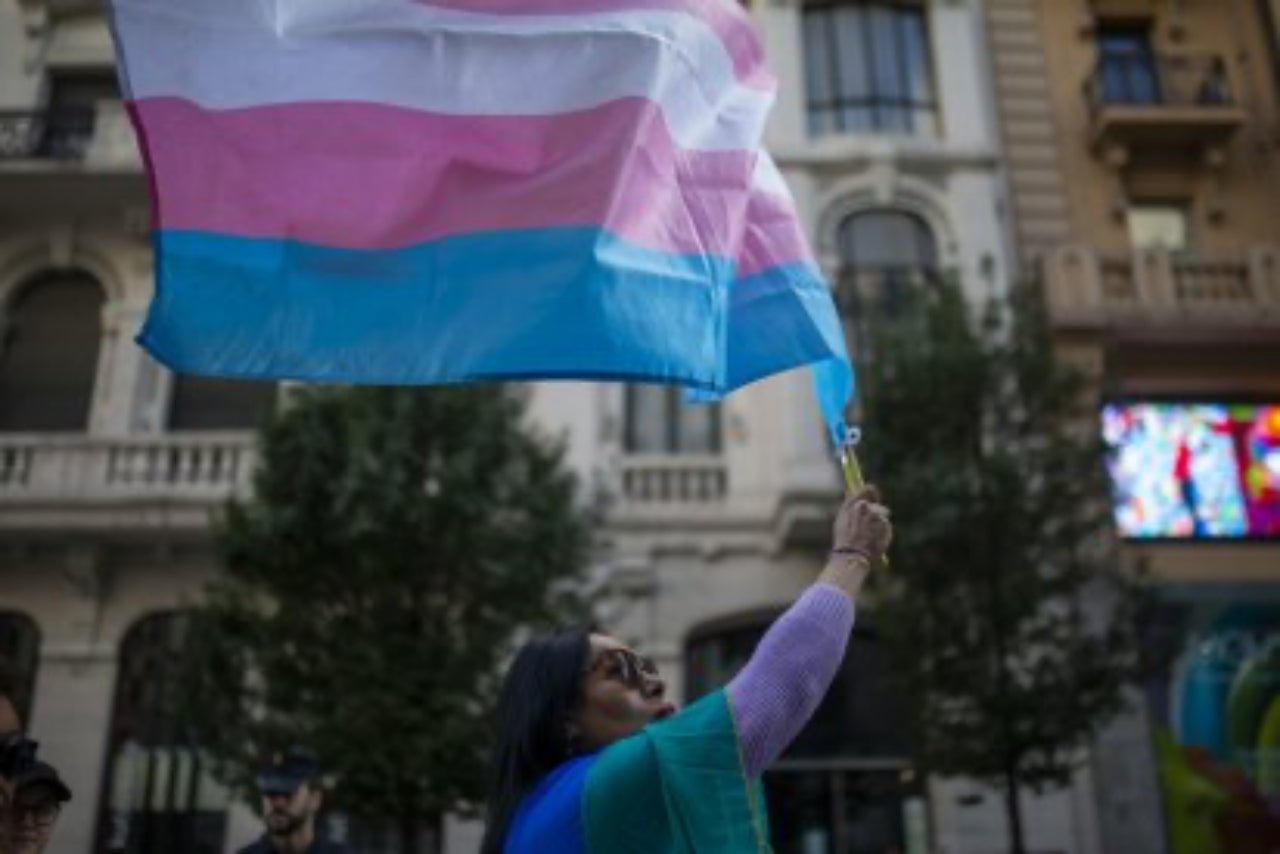 Una dona amb la bandera trans en una manifestació | Europa Press
