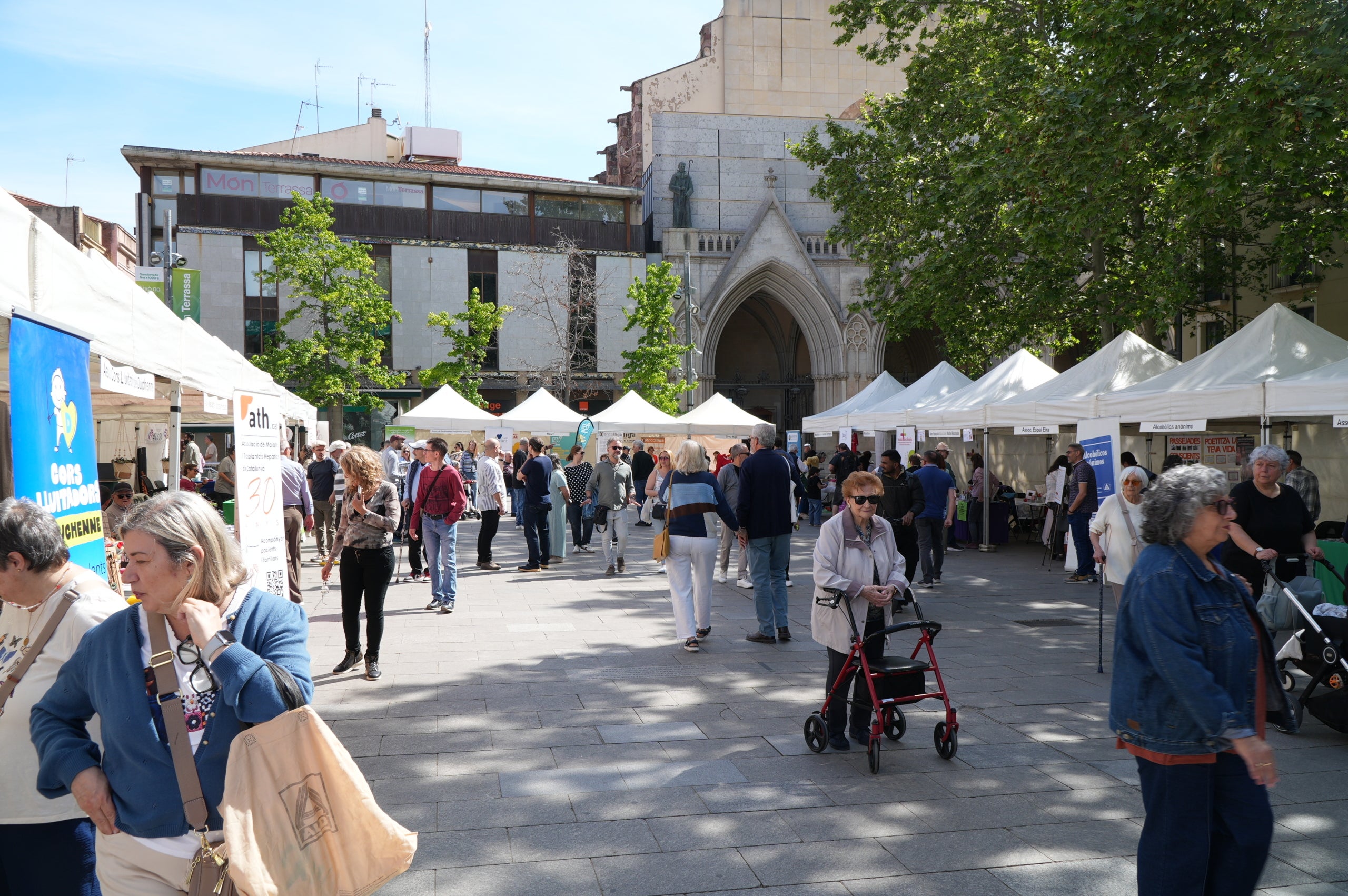 Després de la cita de tardor el novembre passat, la Fira d'Entitats de la Salut de Terrassa va celebrar aquest dissabte primaveral la seva desena edició amb una vintena d'associacions de malalties minoritàries, oncològiques, neurològiques o salut mental. Els seus visitants van poder informar-se en els diferents estands, alhora que s'organitzaven activitats, tallers i actuacions musicals des de l'escenari de la plaça durant tota la jornada | Jan Romero