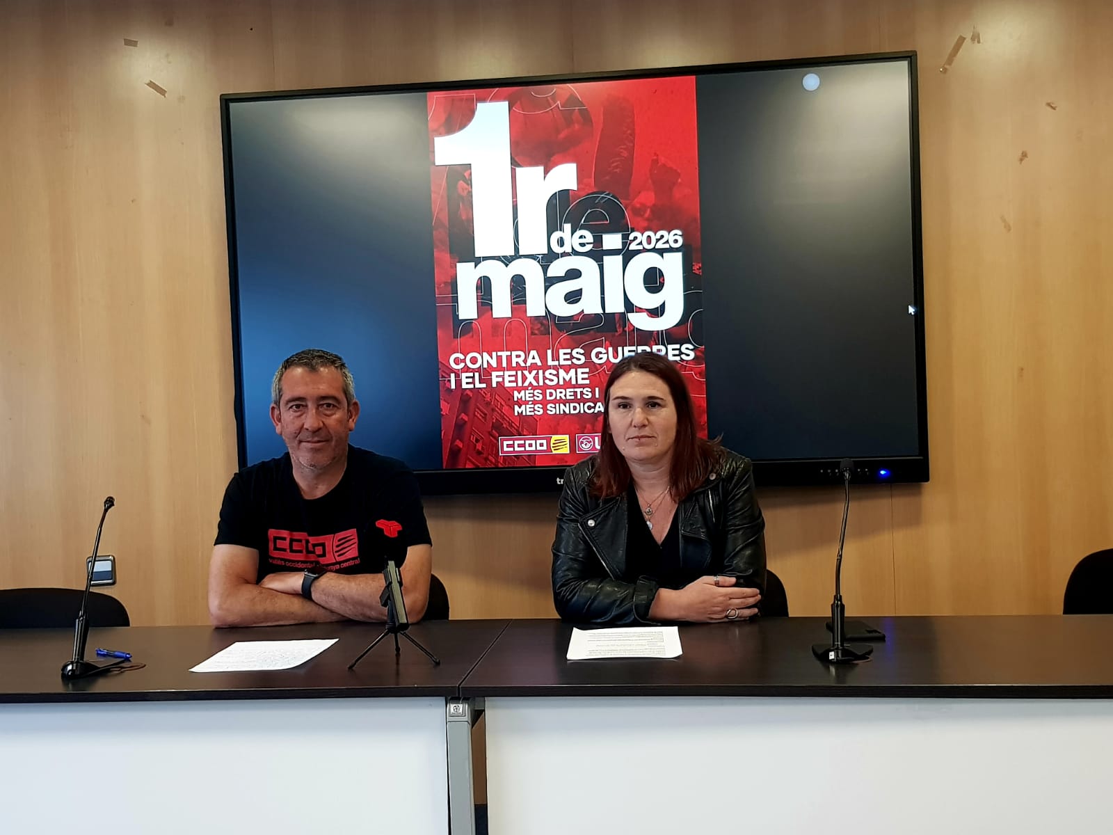 Ivan Ramos i Ester Espigares, CCOO i UGT, han presentat la convocatòria del 1r de Maig | Lluïsa Tarrida 