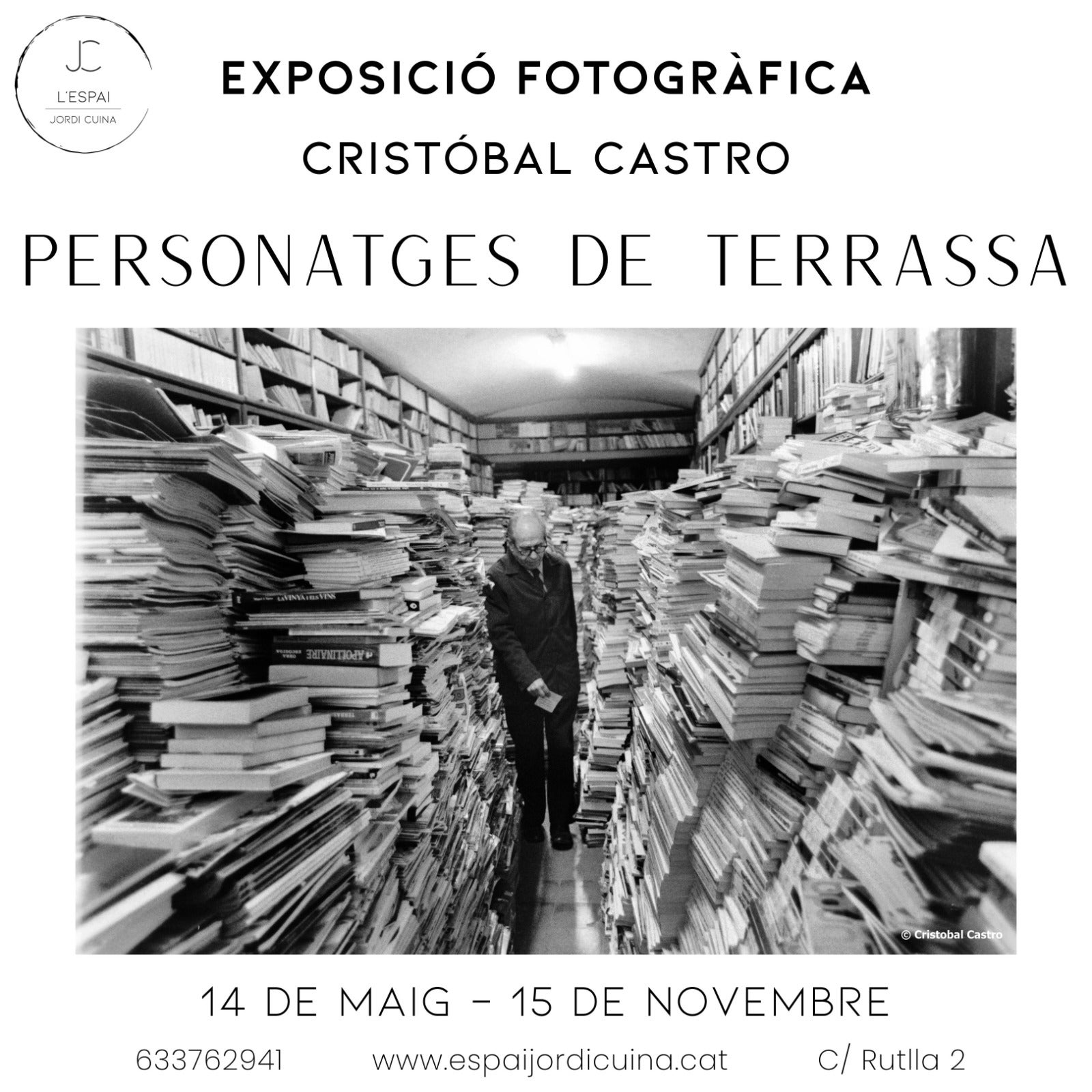 L’Espai Jordi Cuina, restaurant situat al carrer de la Rutlla, acull l’exposició “Personatges de Terrassa”. Es tracta de fotografies realitzades per Cristóbal Castro al llarg de la seva trajectòria professional a individus que han marcat la història local. La mostra es podrà veure fins al 15 de novembre. 
