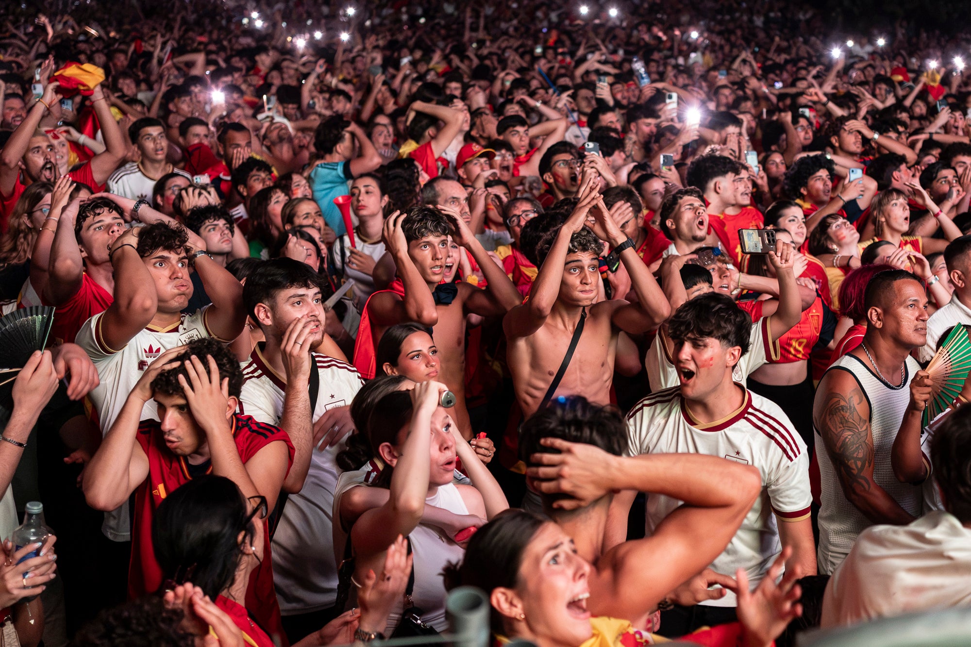 L'Espai Vela del parc de Vallparadís de Terrassa es va omplir aquest diumenge a la nit amb 8.500 aficionats per seguir en pantalla gran i animació des de l'escenari la final del Mundial de futbol a Nova York entre les seleccions d'Espanya i l'Argentina. L'emoció es va mantenir fins a la segona part de la pròrroga quan el jugador del Barça Ferran Torres va marca l'1-0 definitiu, que va donar la corona planetària a un combinat amb els terrassencs Dani Olmo i Marc Pubill. Entre els assistents també hi havia aficionats del conjunt de Messi. A causa de la calor i aquestes emocions, es van haver d'efectuar algunes evacuacions de seguidors | Mireia Comas