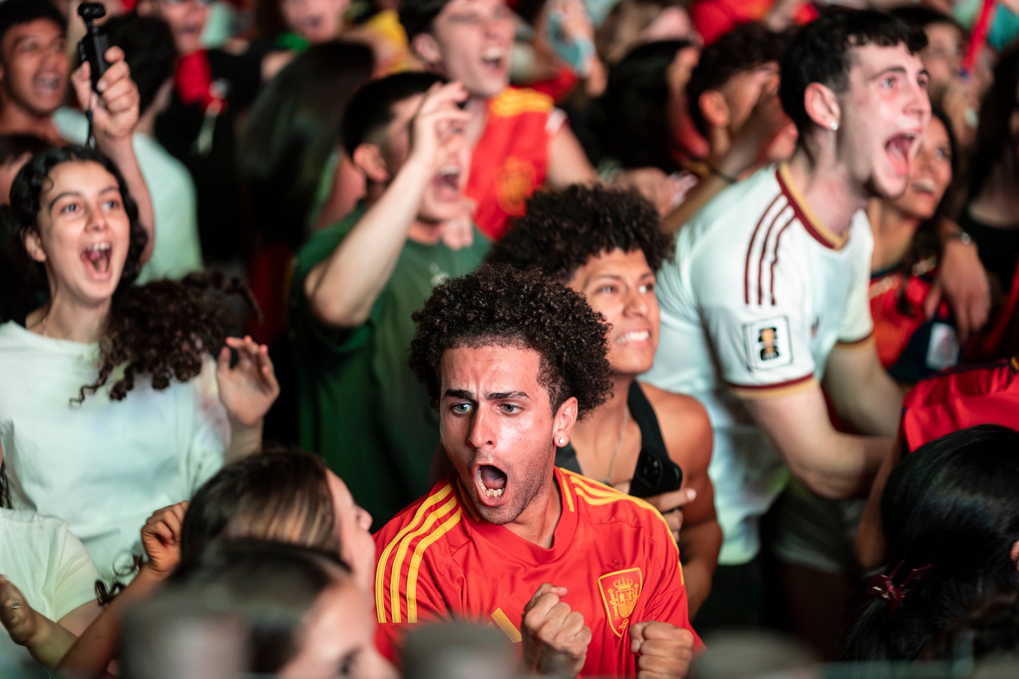L'Espai Vela del parc de Vallparadís de Terrassa es va omplir aquest diumenge a la nit amb 8.500 aficionats per seguir en pantalla gran i animació des de l'escenari la final del Mundial de futbol a Nova York entre les seleccions d'Espanya i l'Argentina. L'emoció es va mantenir fins a la segona part de la pròrroga quan el jugador del Barça Ferran Torres va marca l'1-0 definitiu, que va donar la corona planetària a un combinat amb els terrassencs Dani Olmo i Marc Pubill. Entre els assistents també hi havia aficionats del conjunt de Messi. A causa de la calor i aquestes emocions, es van haver d'efectuar algunes evacuacions de seguidors | Mireia Comas