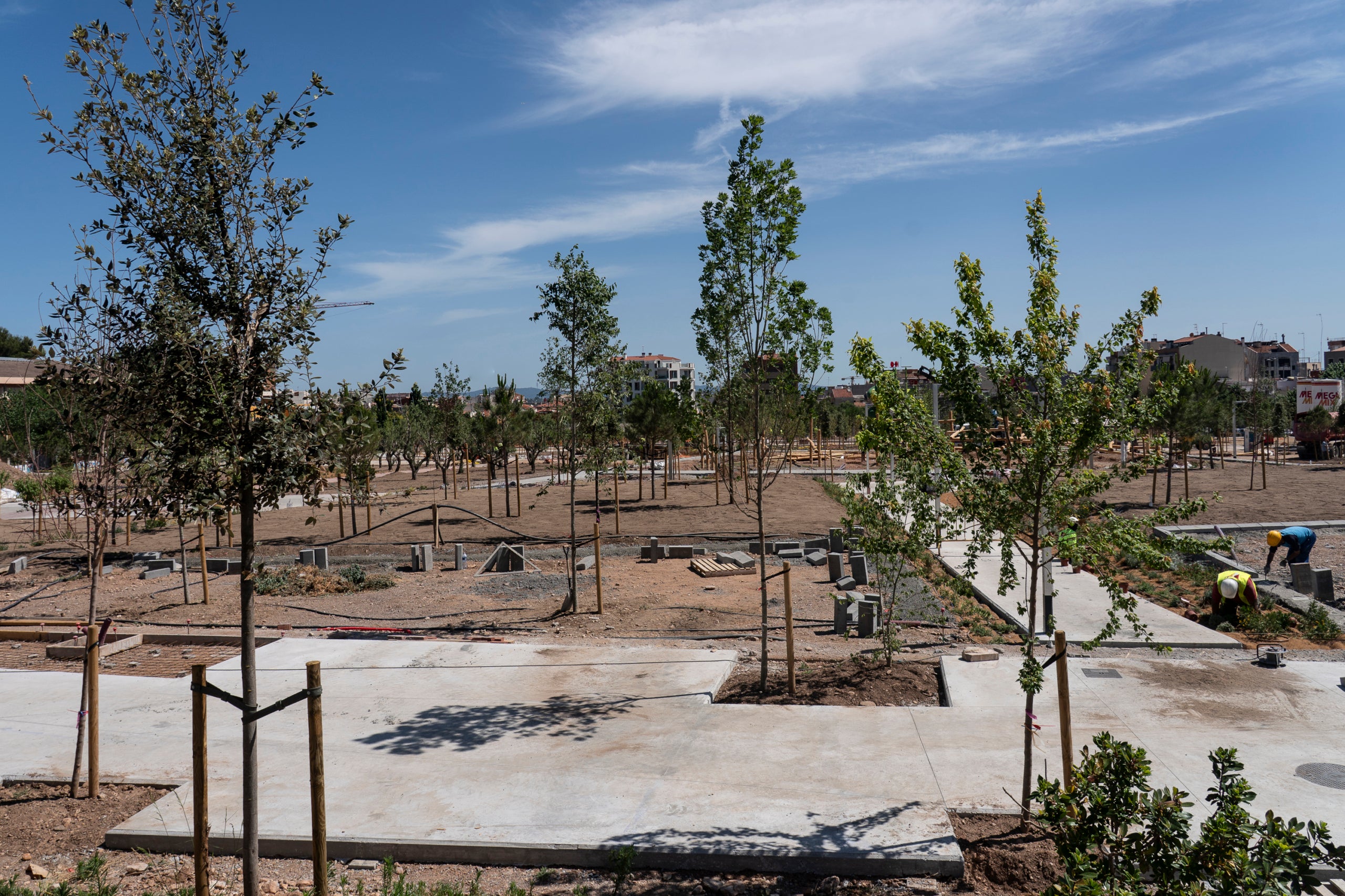 Vista de la urbanització del parc de la República, a Sant Pere Nord, ja amb part del mig centenar d'arbres previstos, a mitjan juny | Mireia Comas

