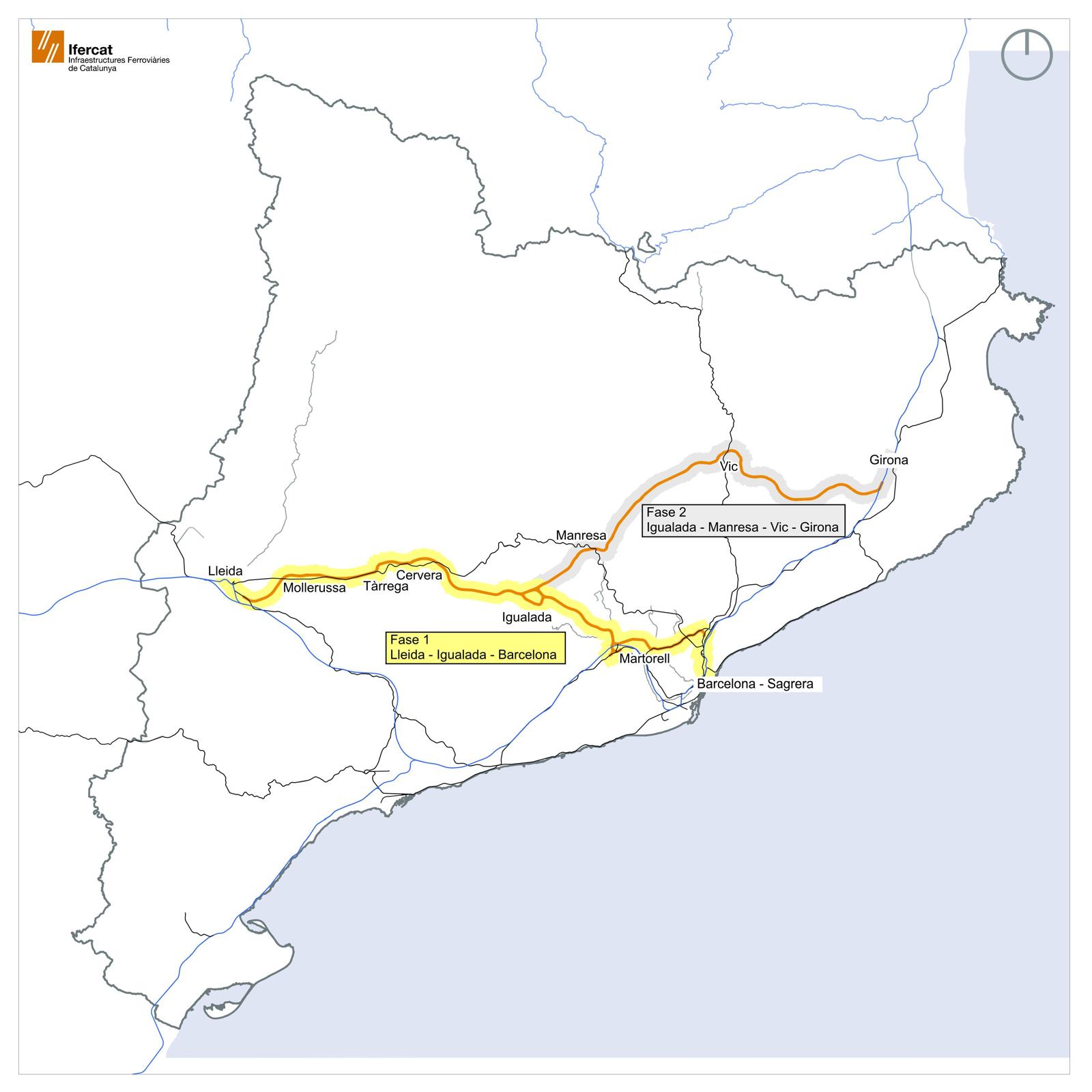 Recorregut, en groc, del traçat de la primera fase de l'Eix Transversal Ferroviari, amb el ramal des d'Igualada de Martorell a Barcelona-La Sagrera passant pel Vallès | departament de Territori de la Generalitat