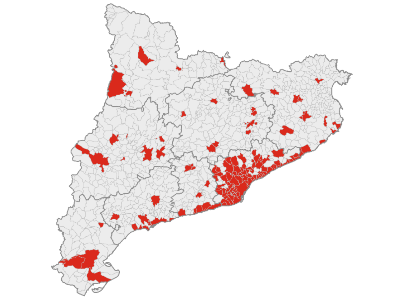 Mapa amb els municipis en vermell delimitats com a zona residencial tensionada | Gencat